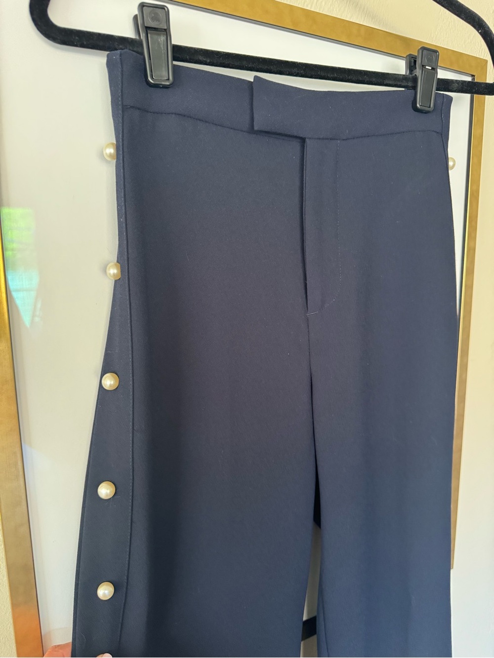 High-Waist Navy Wide-Leg Pants with Pearl Side Details - Picture 2 of 8